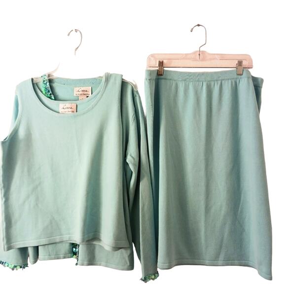 Linea 3 Pc Formal Cardigan Sweater Set Sz L AQUA SKY BLUE Sequins Knit was $350 - Picture 5 of 16